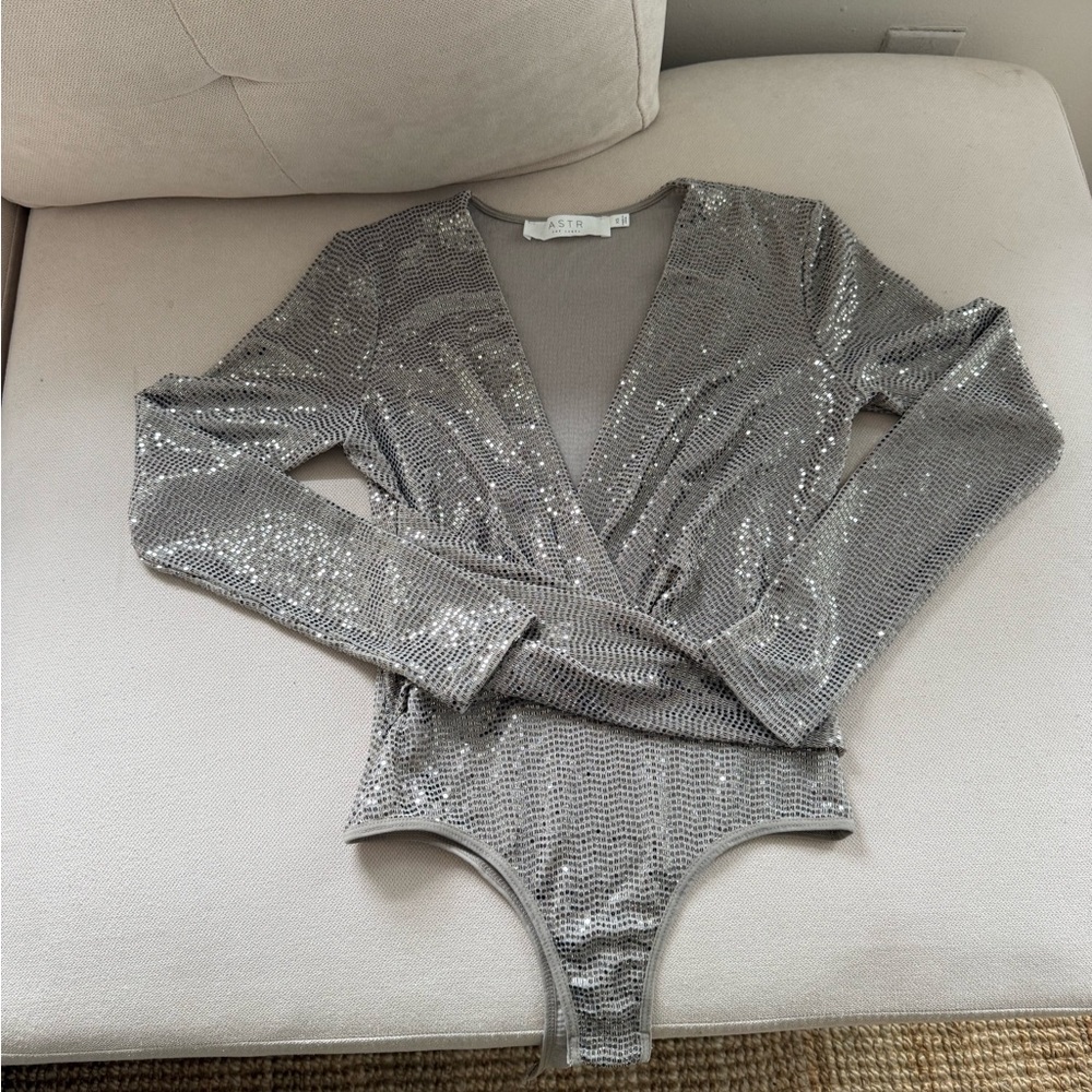 Astr Silver Sequin Long-Sleeve Deep V Bodysuit